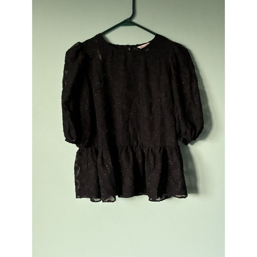 Nanette Lepore black metallic clover patterned peplum blouse SZ S